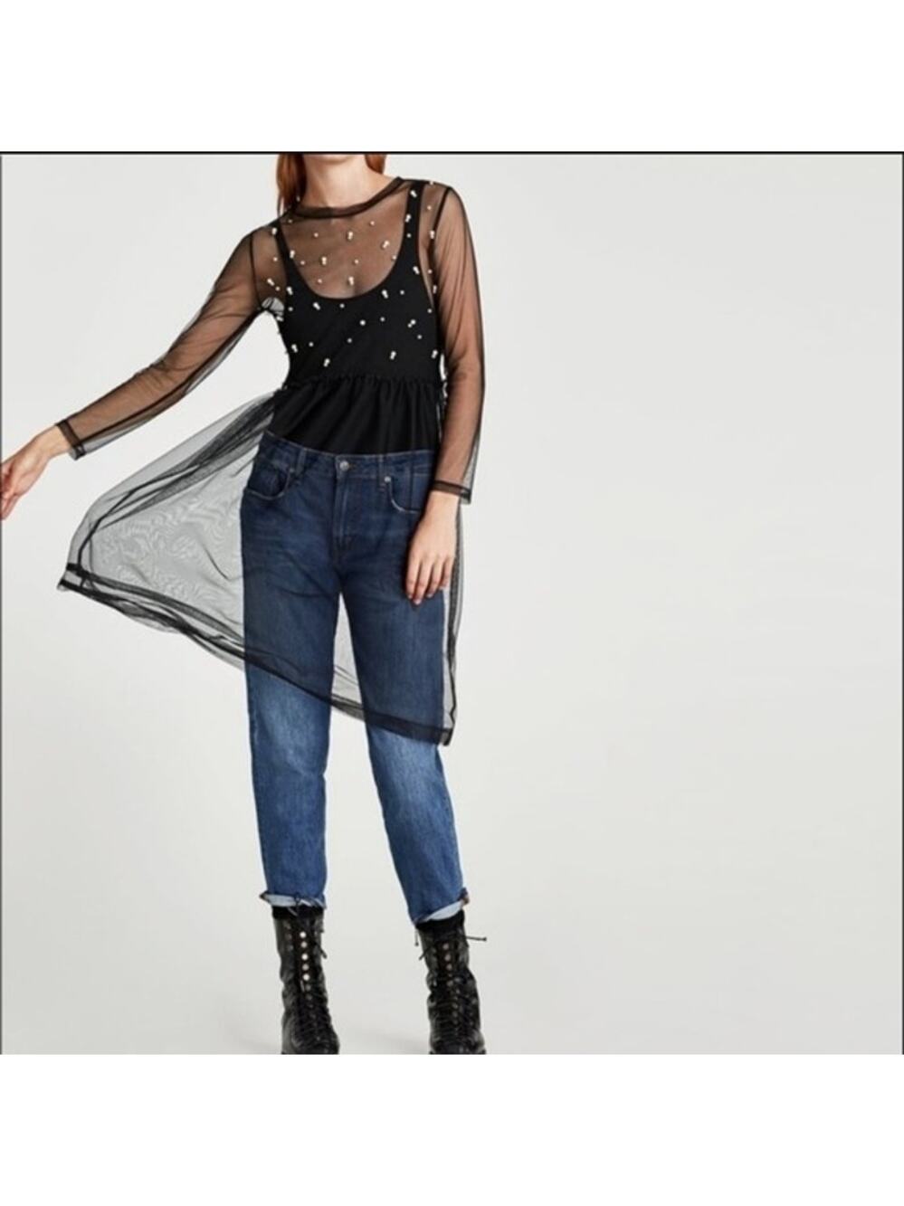 ZARA Black Sheer Pearl Tulle Dress XS – Party, Edgy, Chic
